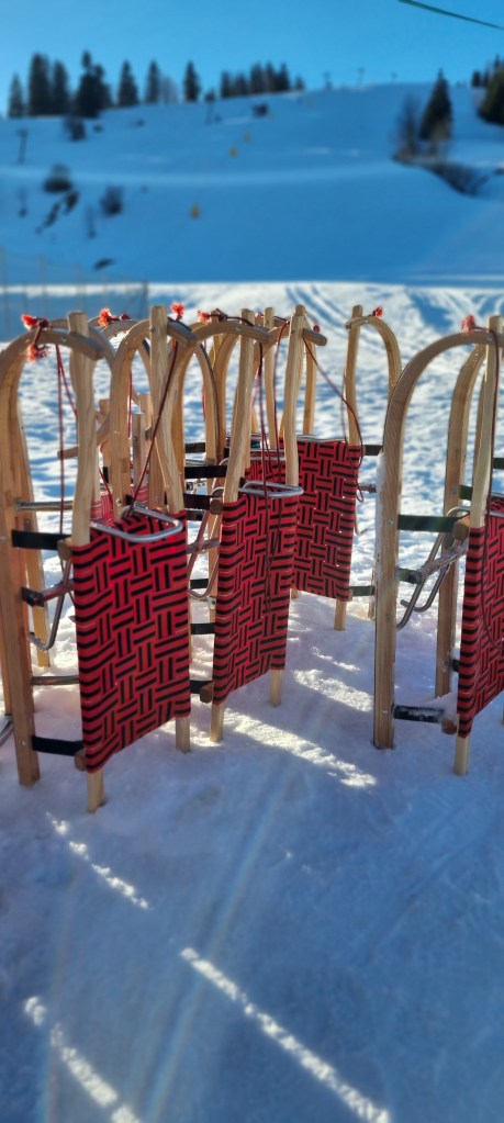 de rodels staan in de sneeuw